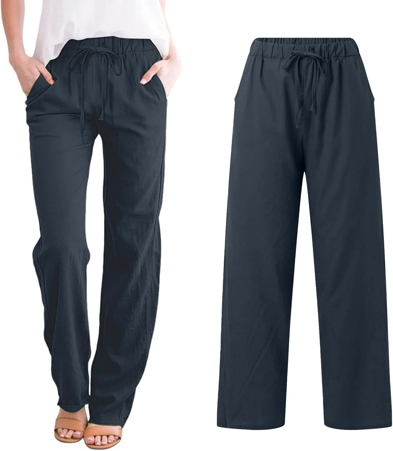 Linen Pants Women High Waist Casual Linen Pants 2025 Summer Drawstring Straight Leg Lounge Trousers with Pockets