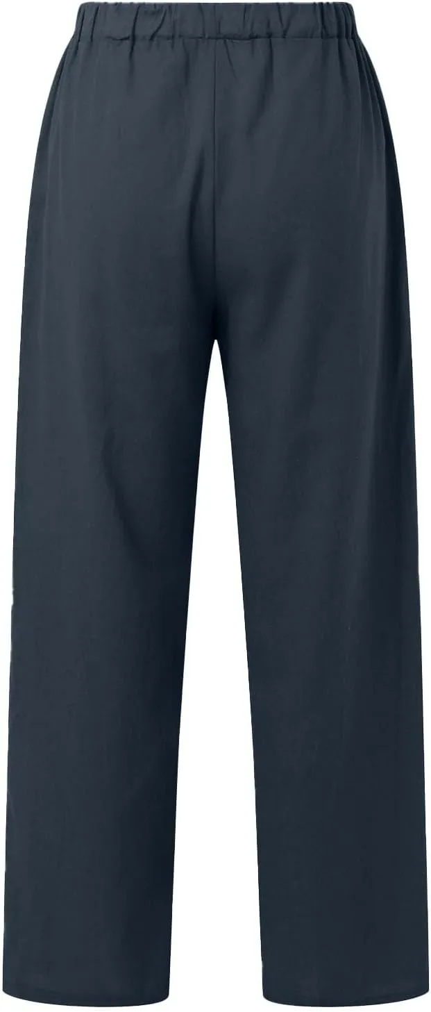 Linen Pants Women High Waist Casual Linen Pants 2025 Summer Drawstring Straight Leg Lounge Trousers with Pockets