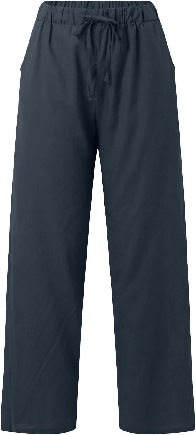 Linen Pants Women High Waist Casual Linen Pants 2025 Summer Drawstring Straight Leg Lounge Trousers with Pockets
