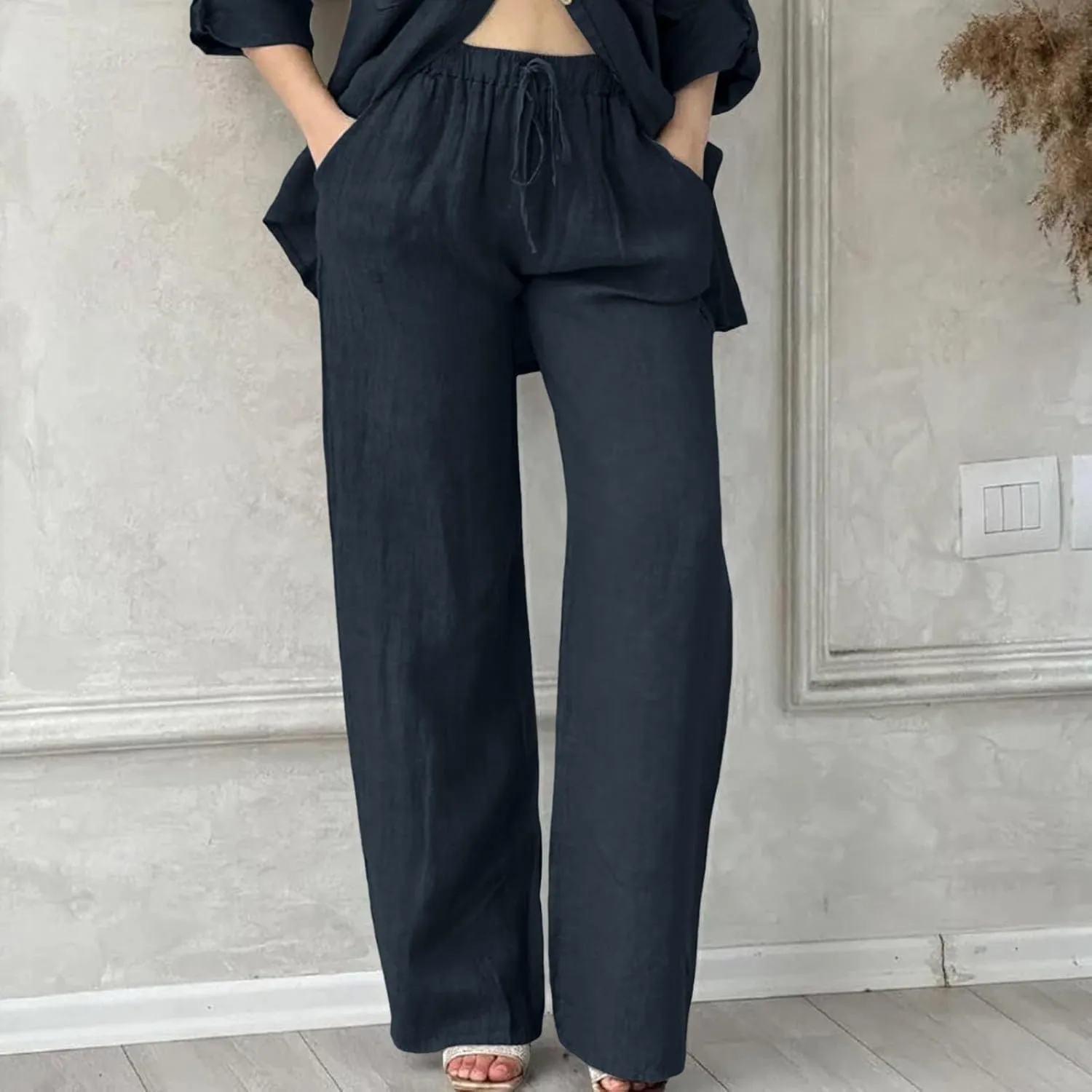 Linen Pants Women High Waist Casual Linen Pants 2025 Summer Drawstring Straight Leg Lounge Trousers with Pockets