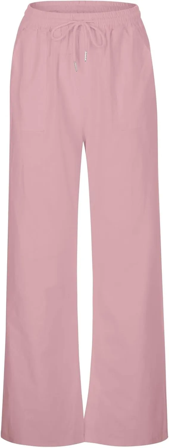Linen Pants Women Loose Elastic Waist Ruffle Hem Palazzo Pants Summer Wide Leg Lounge Pants Comfy Beach Trousers