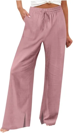 Linen Pants Women Loose Elastic Waist Ruffle Hem Palazzo Pants Summer Wide Leg Lounge Pants Comfy Beach Trousers