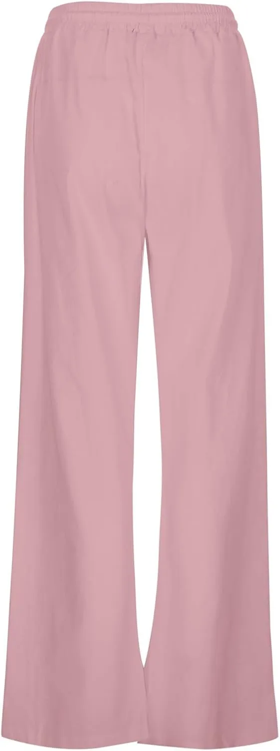 Linen Pants Women Loose Elastic Waist Ruffle Hem Palazzo Pants Summer Wide Leg Lounge Pants Comfy Beach Trousers
