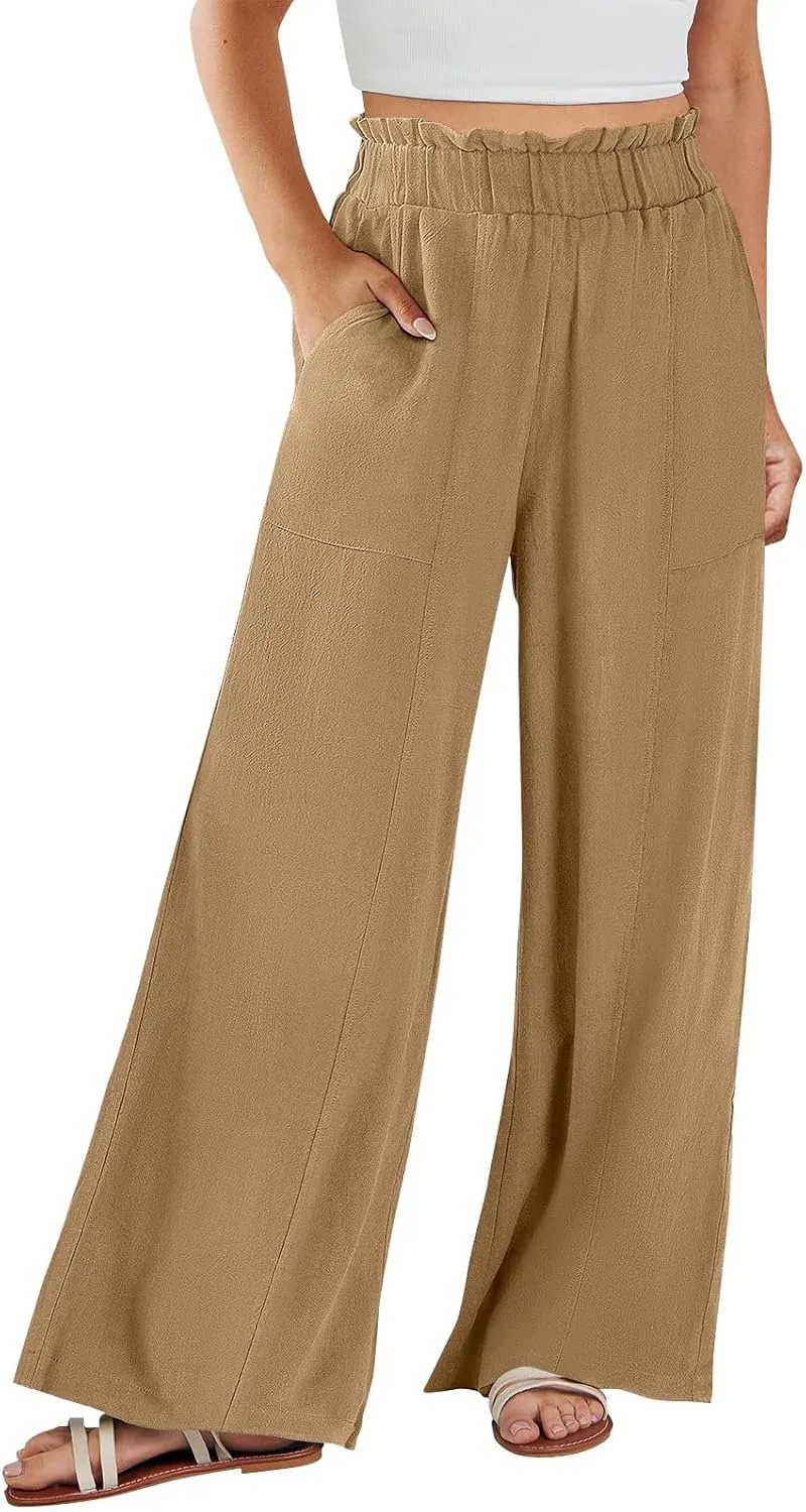 Linen Pants Women Summer Casual Baggy Wide Leg Beach Pants Elastic High Waisted Pull on Vacation Pants with Pockets