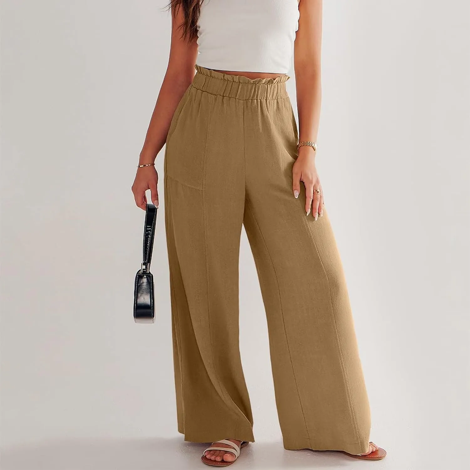Linen Pants Women Summer Casual Baggy Wide Leg Beach Pants Elastic High Waisted Pull on Vacation Pants with Pockets
