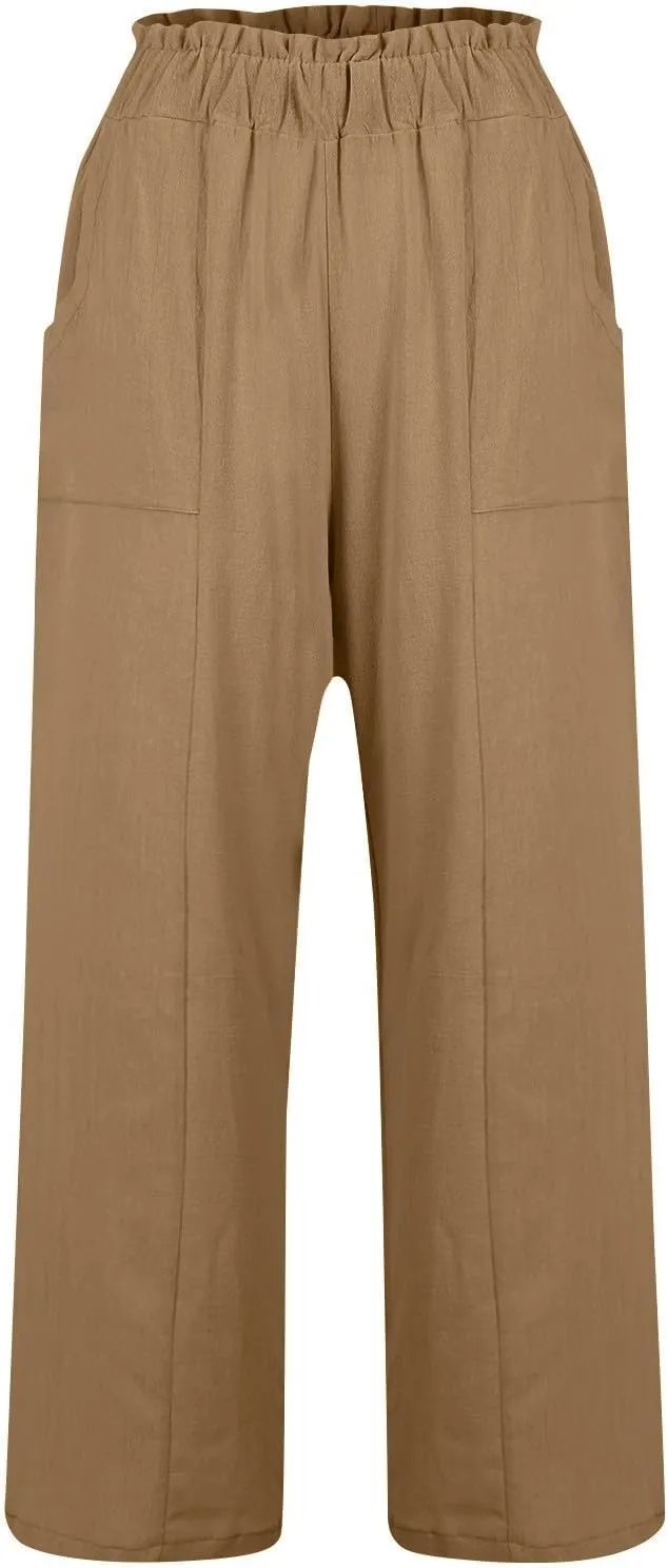 Linen Pants Women Summer Casual Baggy Wide Leg Beach Pants Elastic High Waisted Pull on Vacation Pants with Pockets