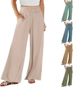 Linen Pants Women Summer Casual Baggy Wide Leg Beach Pants Elastic High Waisted Pull on Vacation Pants with Pockets
