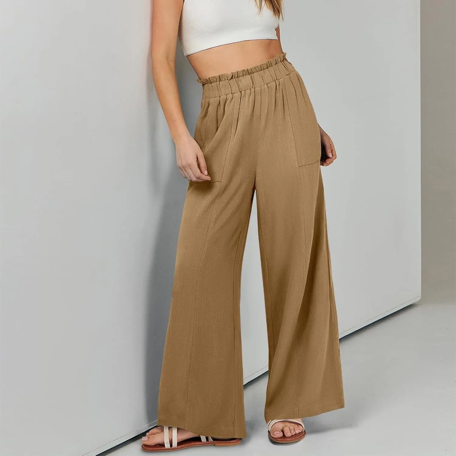 Linen Pants Women Summer Casual Baggy Wide Leg Beach Pants Elastic High Waisted Pull on Vacation Pants with Pockets