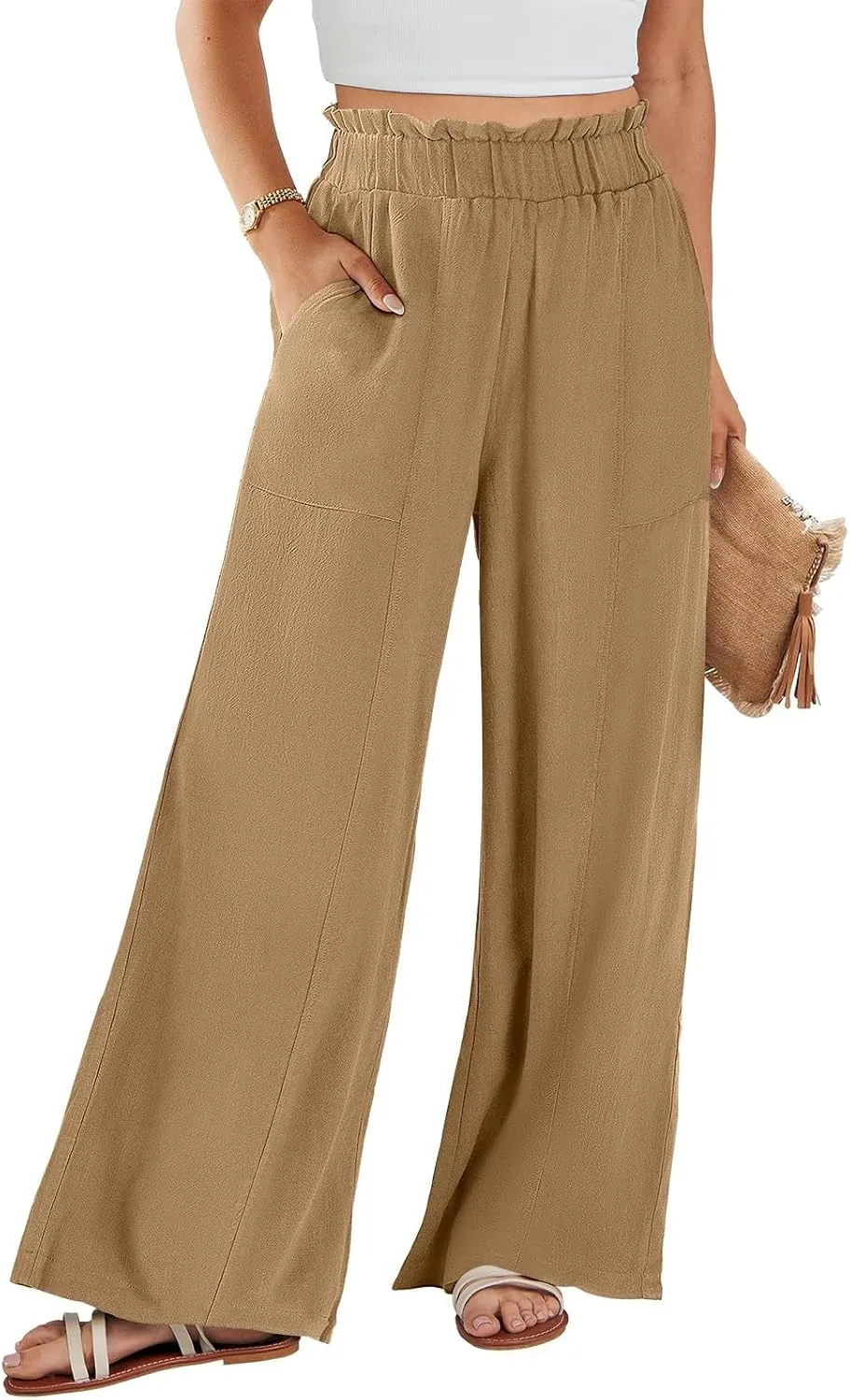 Linen Pants Women Summer Casual Baggy Wide Leg Beach Pants Elastic High Waisted Pull on Vacation Pants with Pockets