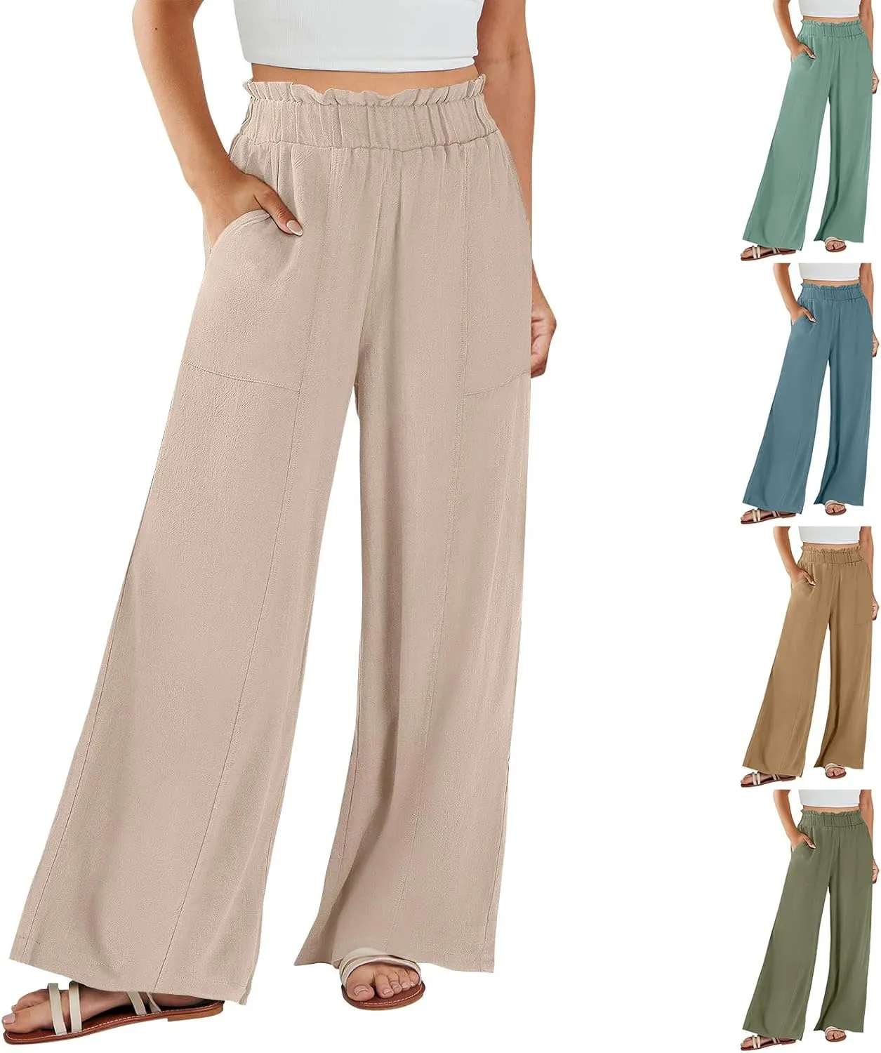 Linen Pants Women Summer Casual Baggy Wide Leg Beach Pants Elastic High Waisted Pull on Vacation Pants with Pockets