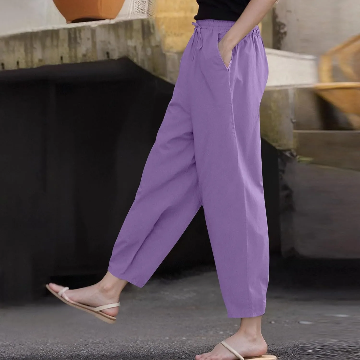 Linen Pants Women Summer High Elastic Waist Drawstring Palazzo Pants Straight Leg Slacks with Pockets