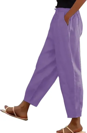 Linen Pants Women Summer High Elastic Waist Drawstring Palazzo Pants Straight Leg Slacks with Pockets
