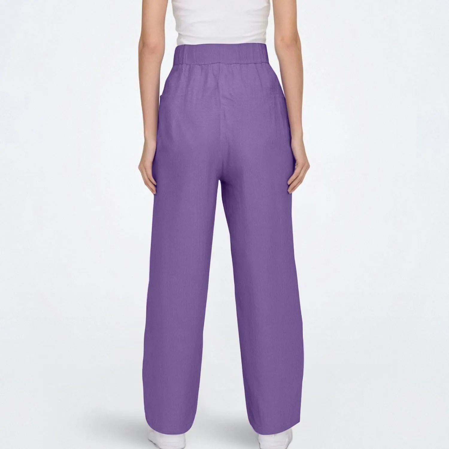 Linen Pants Women Summer High Elastic Waist Drawstring Palazzo Pants Straight Leg Slacks with Pockets