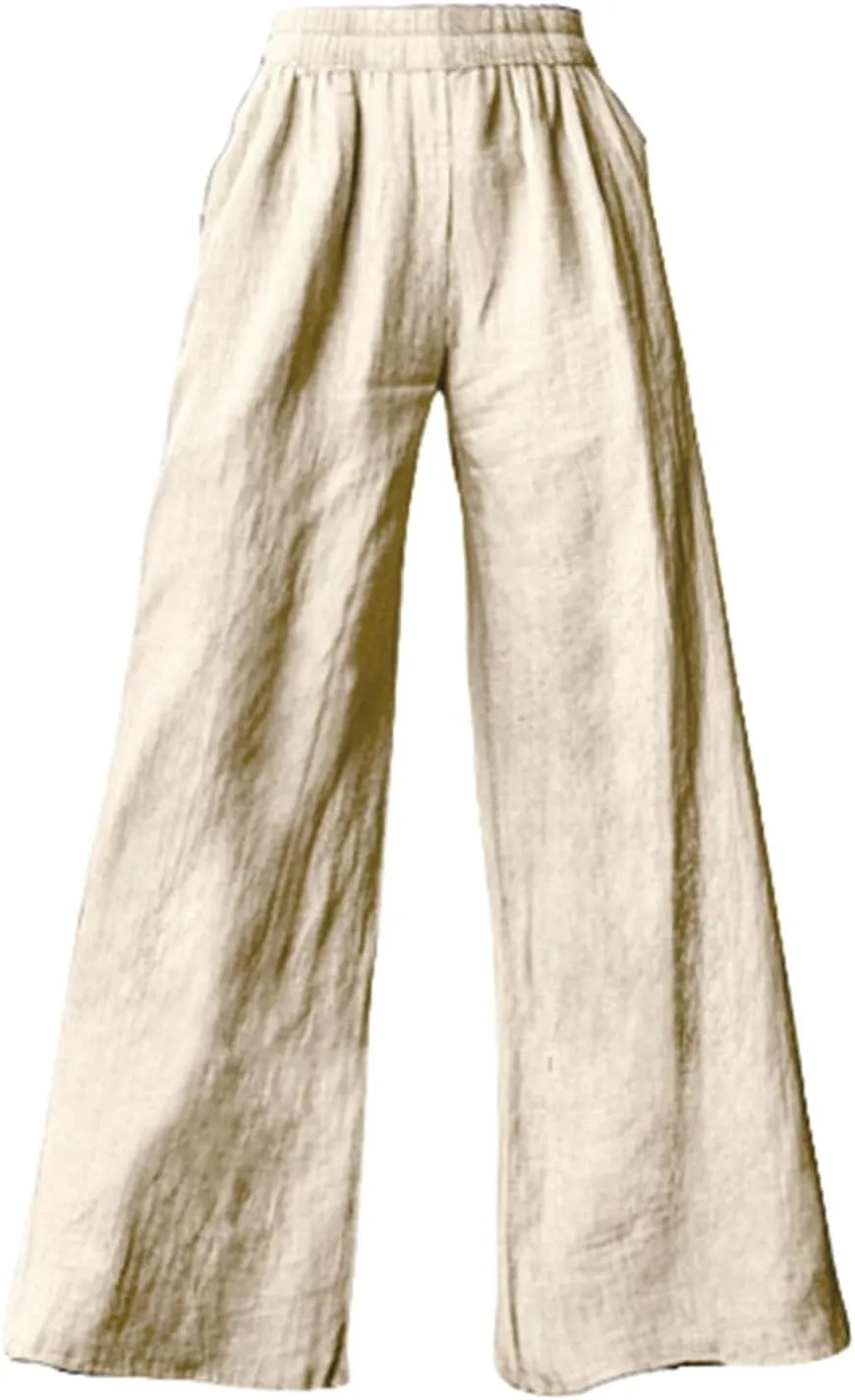 Linen Pants Women Summer Wide Leg Elastic High Waist Pants Summer Casual Long Trousers with Pockets Boho Clothes