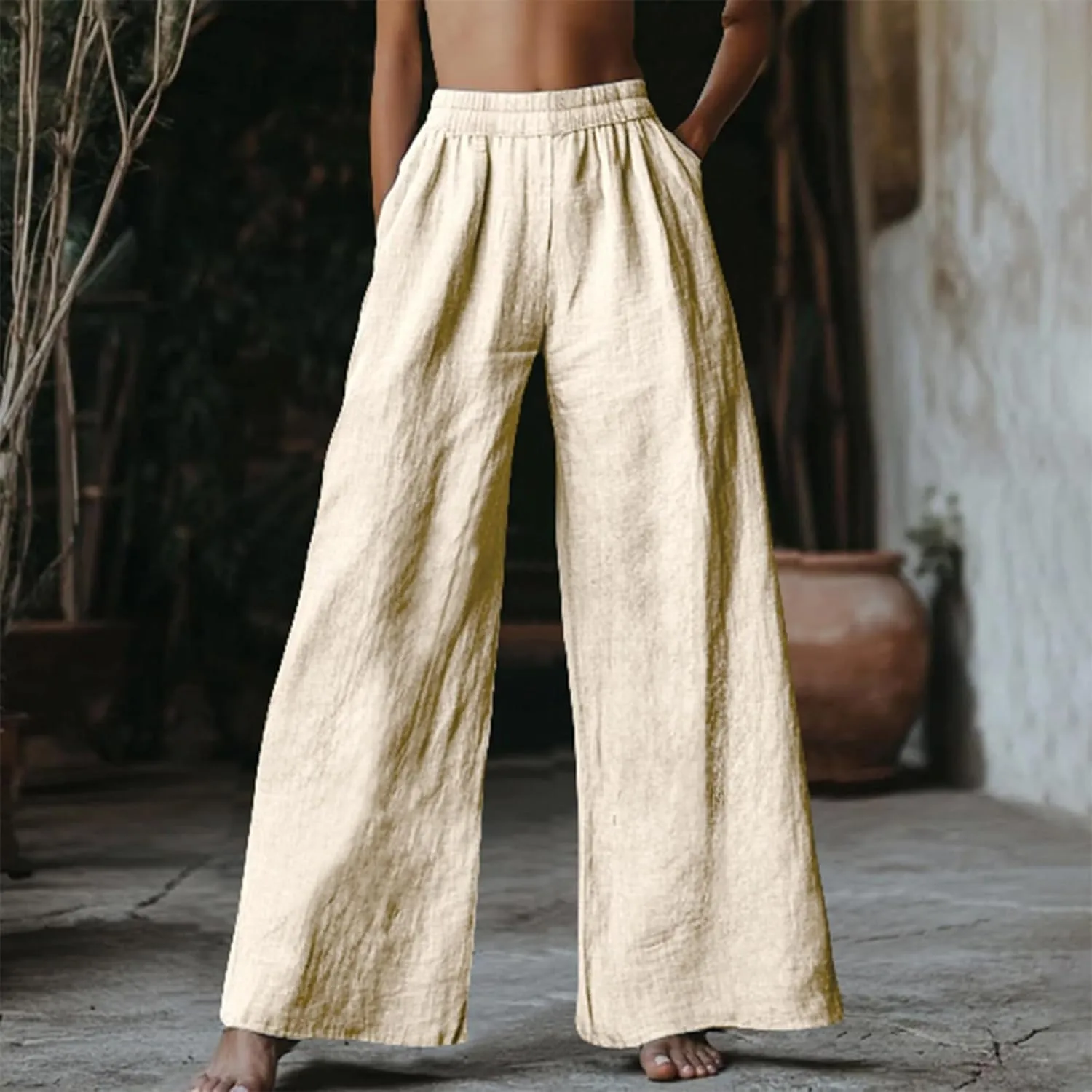 Linen Pants Women Summer Wide Leg Elastic High Waist Pants Summer Casual Long Trousers with Pockets Boho Clothes