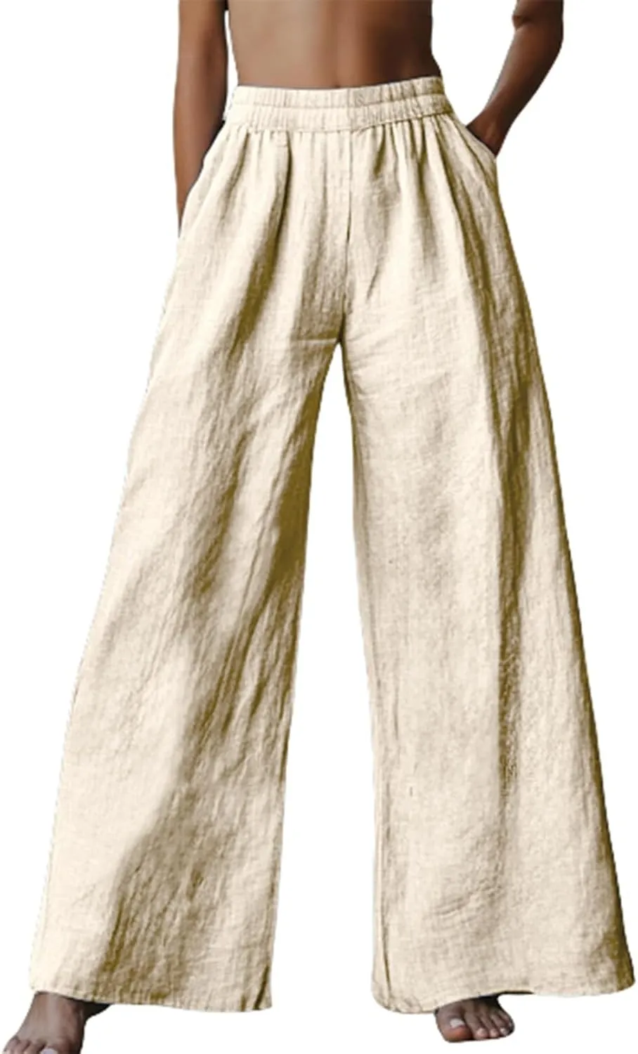 Linen Pants Women Summer Wide Leg Elastic High Waist Pants Summer Casual Long Trousers with Pockets Boho Clothes