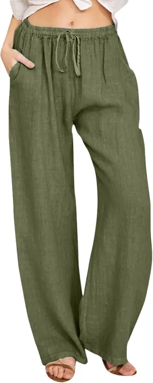 Linen Pants Women Summer,2025 Wide Leg Casual Cotton Linen Pants High Waisted Drawstring Lounge Pants Beach Trousers