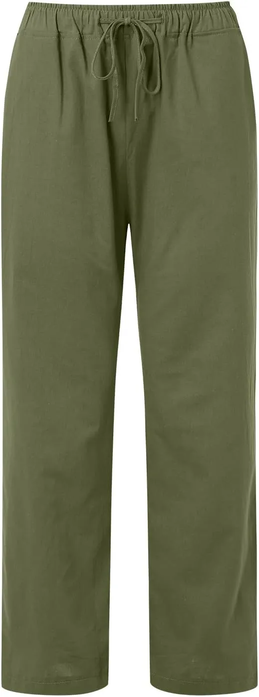 Linen Pants Women Summer,2025 Wide Leg Casual Cotton Linen Pants High Waisted Drawstring Lounge Pants Beach Trousers