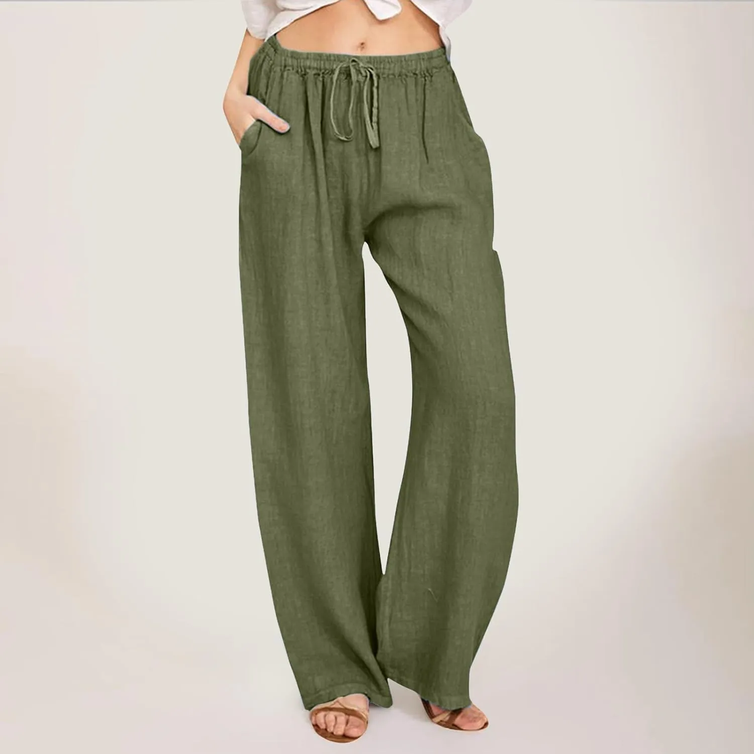 Linen Pants Women Summer,2025 Wide Leg Casual Cotton Linen Pants High Waisted Drawstring Lounge Pants Beach Trousers