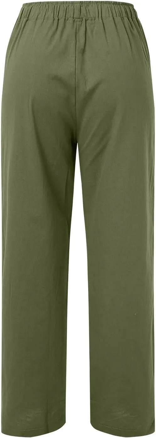 Linen Pants Women Summer,2025 Wide Leg Casual Cotton Linen Pants High Waisted Drawstring Lounge Pants Beach Trousers