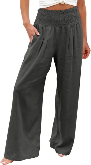 Linen Pants Women Tall High Waist Wide Leg Palazzo Boho Flowy Pants Summer Beach Vacation Lounge Trouser with Pockets