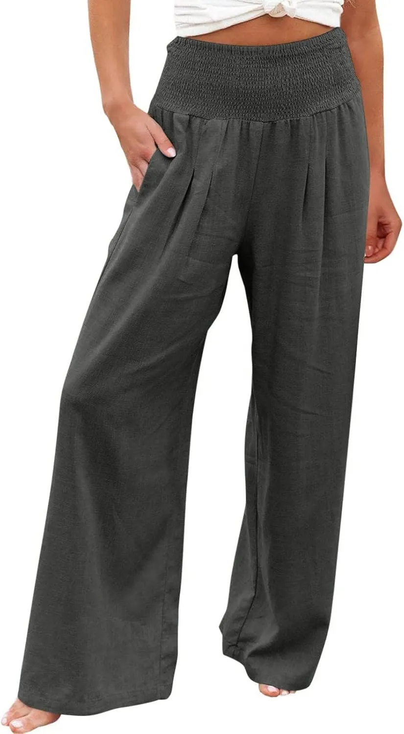 Linen Pants Women Tall High Waist Wide Leg Palazzo Boho Flowy Pants Summer Beach Vacation Lounge Trouser with Pockets