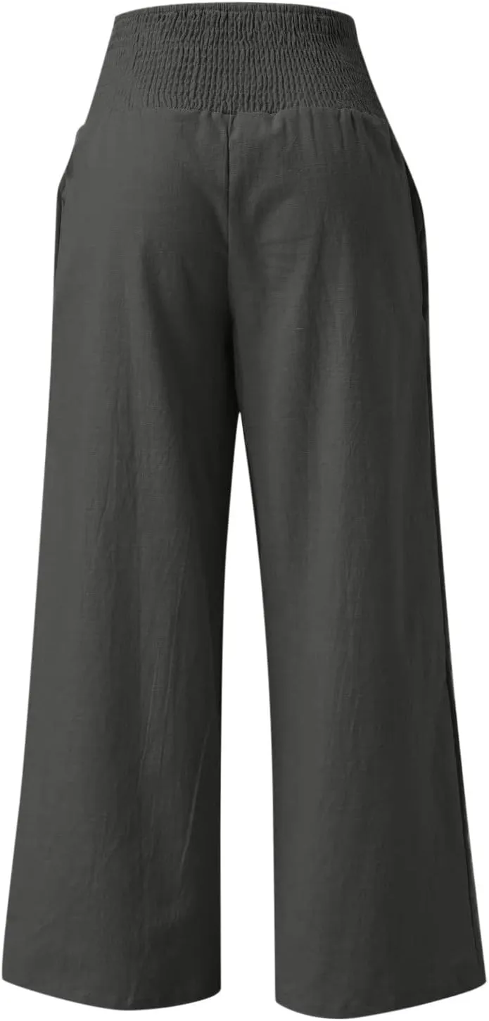 Linen Pants Women Tall High Waist Wide Leg Palazzo Boho Flowy Pants Summer Beach Vacation Lounge Trouser with Pockets