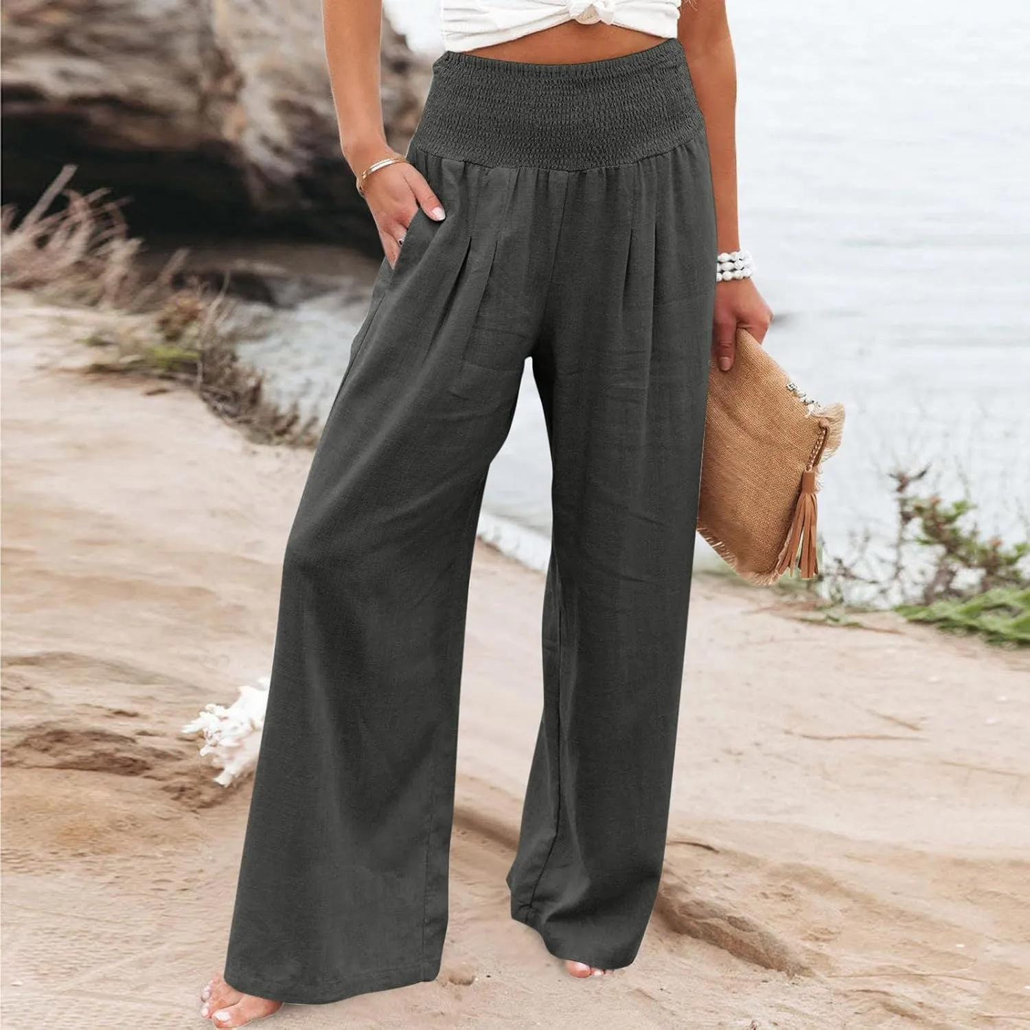 Linen Pants Women Tall High Waist Wide Leg Palazzo Boho Flowy Pants Summer Beach Vacation Lounge Trouser with Pockets