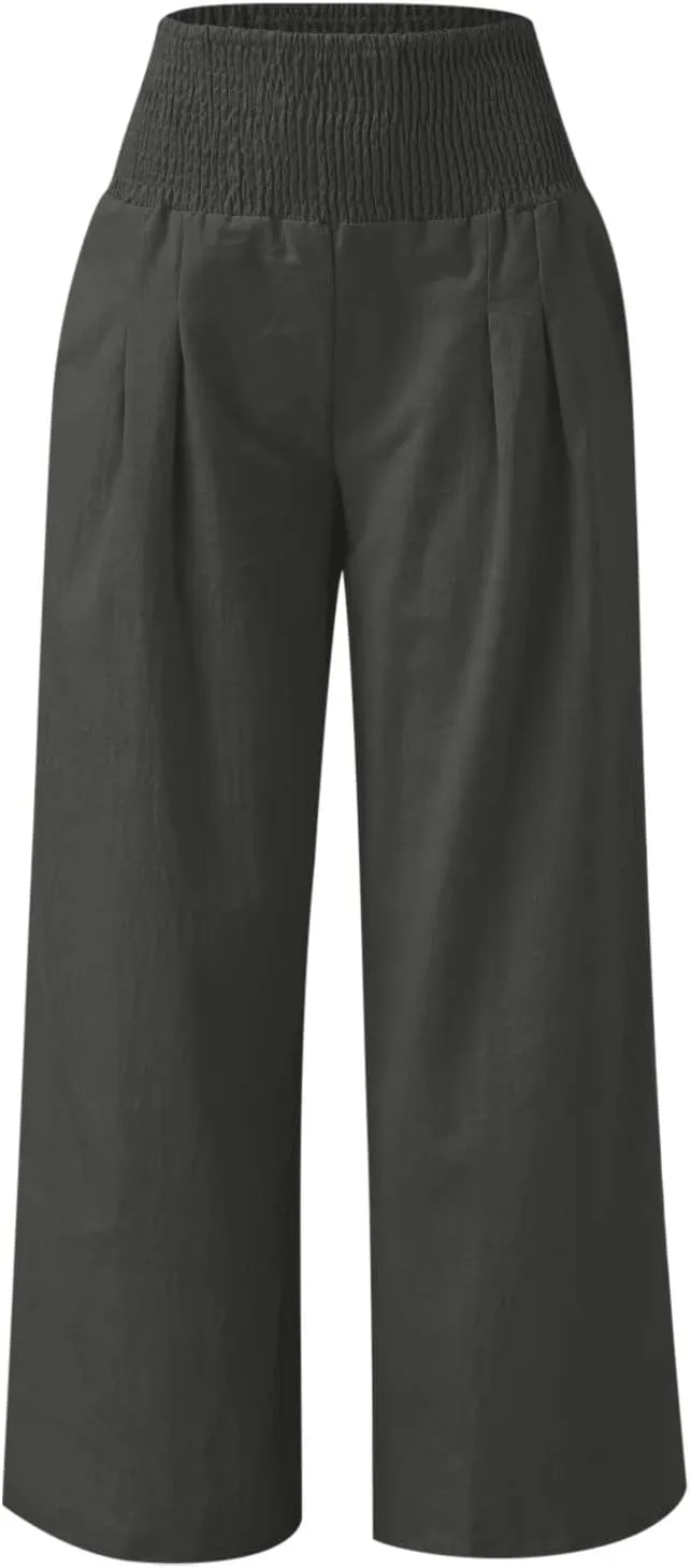Linen Pants Women Tall High Waist Wide Leg Palazzo Boho Flowy Pants Summer Beach Vacation Lounge Trouser with Pockets