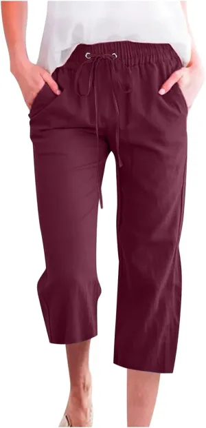 Linen Pants Women White Linen Pants Women Summer Pants 2024 Wide Leg Pants Woman Elastic Drastring Capris Trousers
