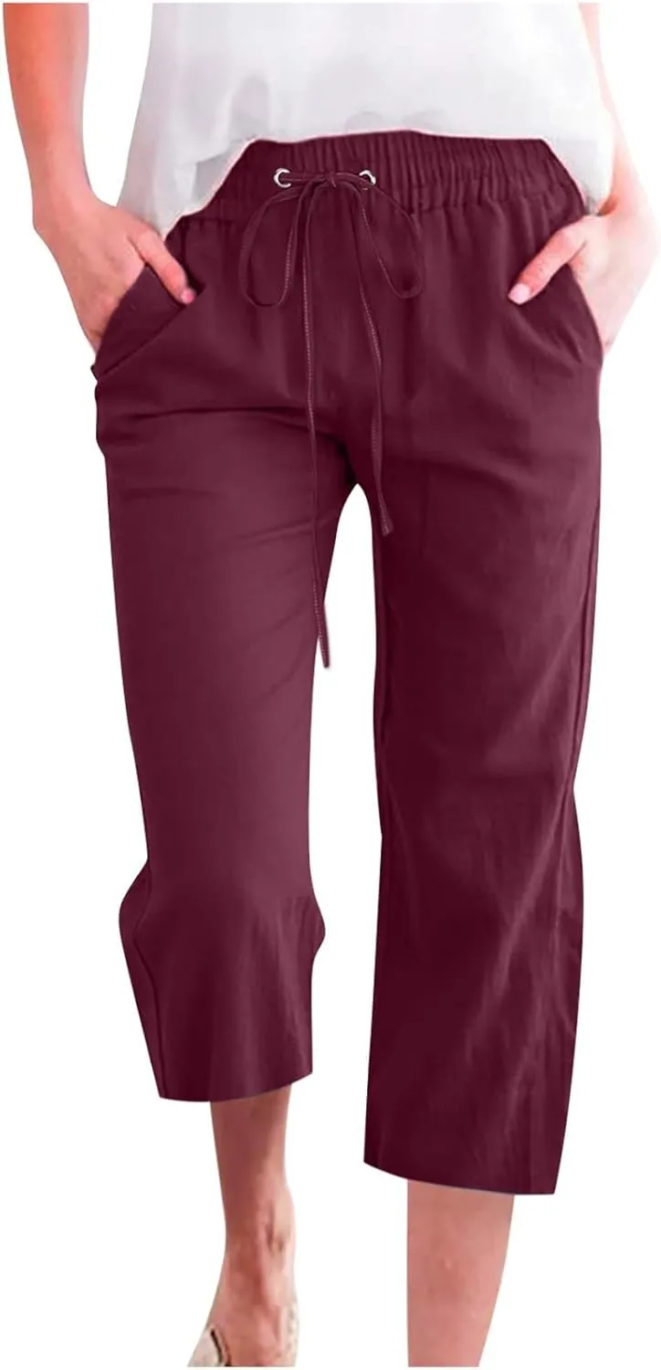 Linen Pants Women White Linen Pants Women Summer Pants 2024 Wide Leg Pants Woman Elastic Drastring Capris Trousers