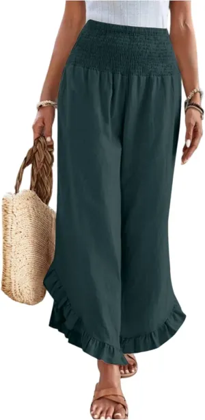 Linen Pants Women Wide Leg Smocked Waist Ruffle Hem Summer Palazzo Baggy Casual Boho Flowy Beach Trouser with Pockets