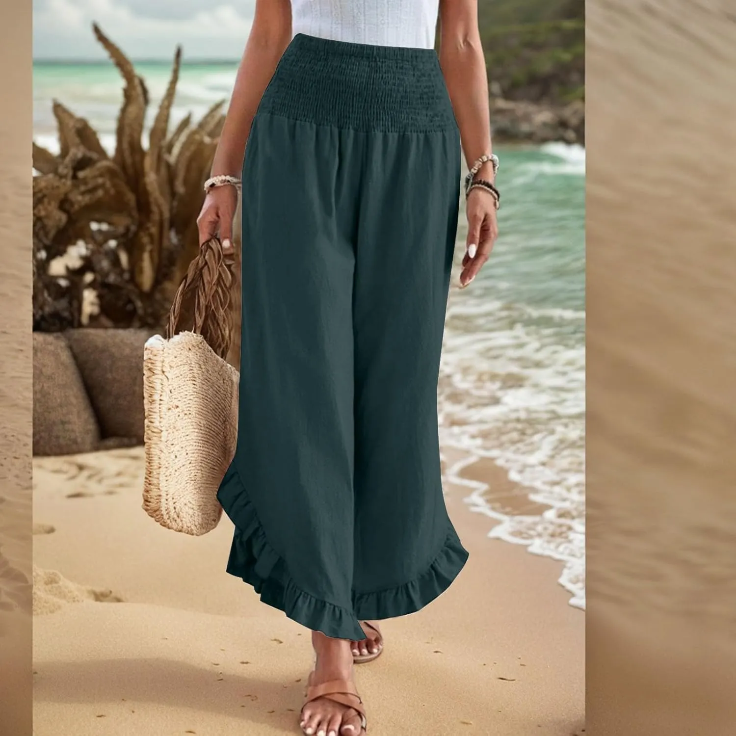 Linen Pants Women Wide Leg Smocked Waist Ruffle Hem Summer Palazzo Baggy Casual Boho Flowy Beach Trouser with Pockets