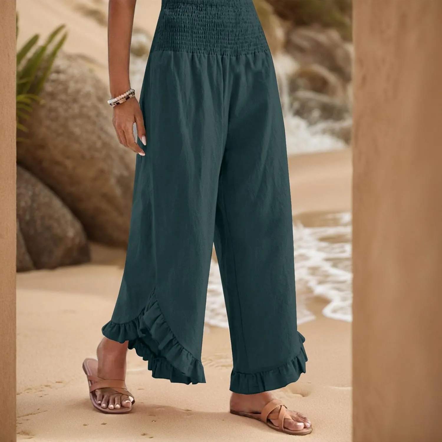Linen Pants Women Wide Leg Smocked Waist Ruffle Hem Summer Palazzo Baggy Casual Boho Flowy Beach Trouser with Pockets