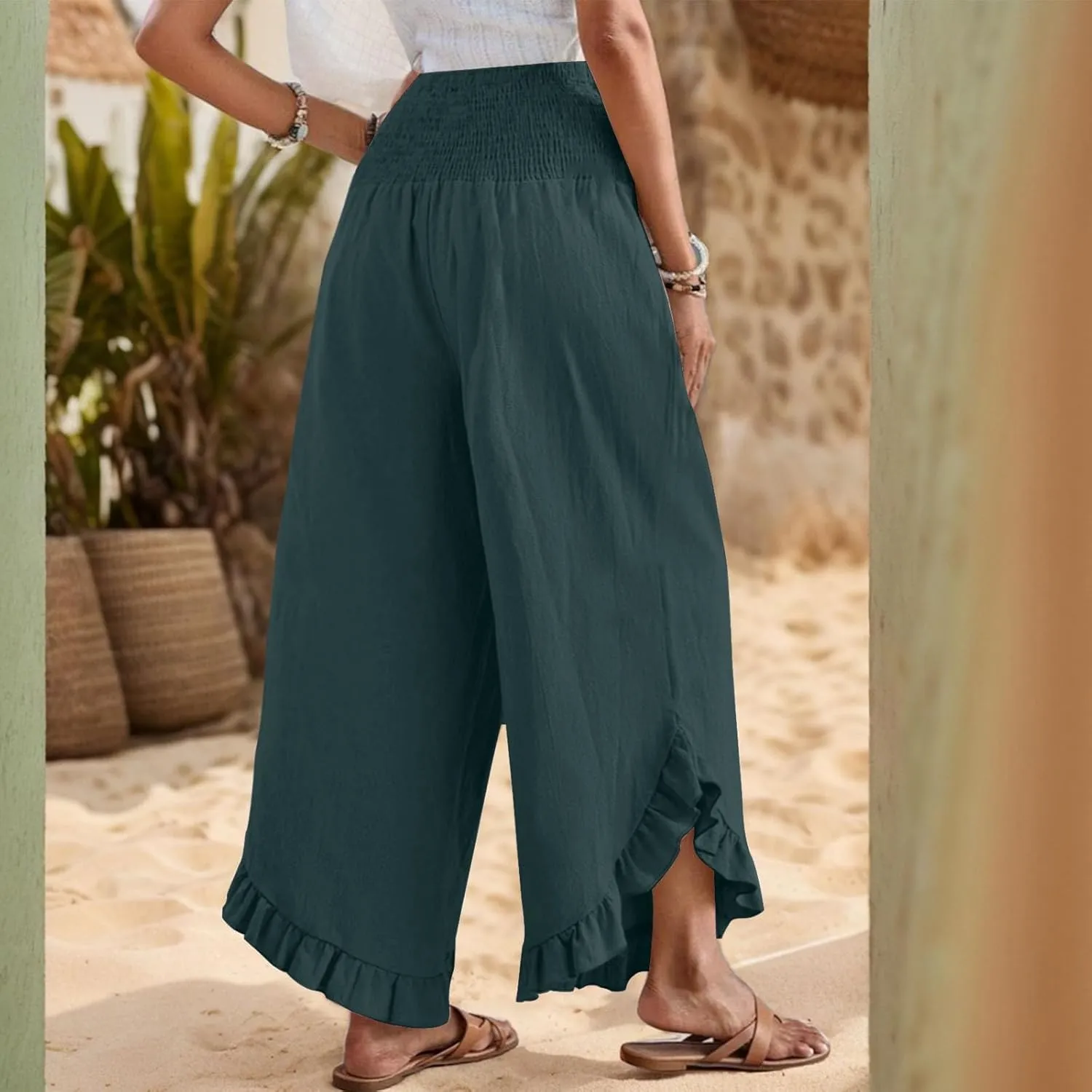 Linen Pants Women Wide Leg Smocked Waist Ruffle Hem Summer Palazzo Baggy Casual Boho Flowy Beach Trouser with Pockets