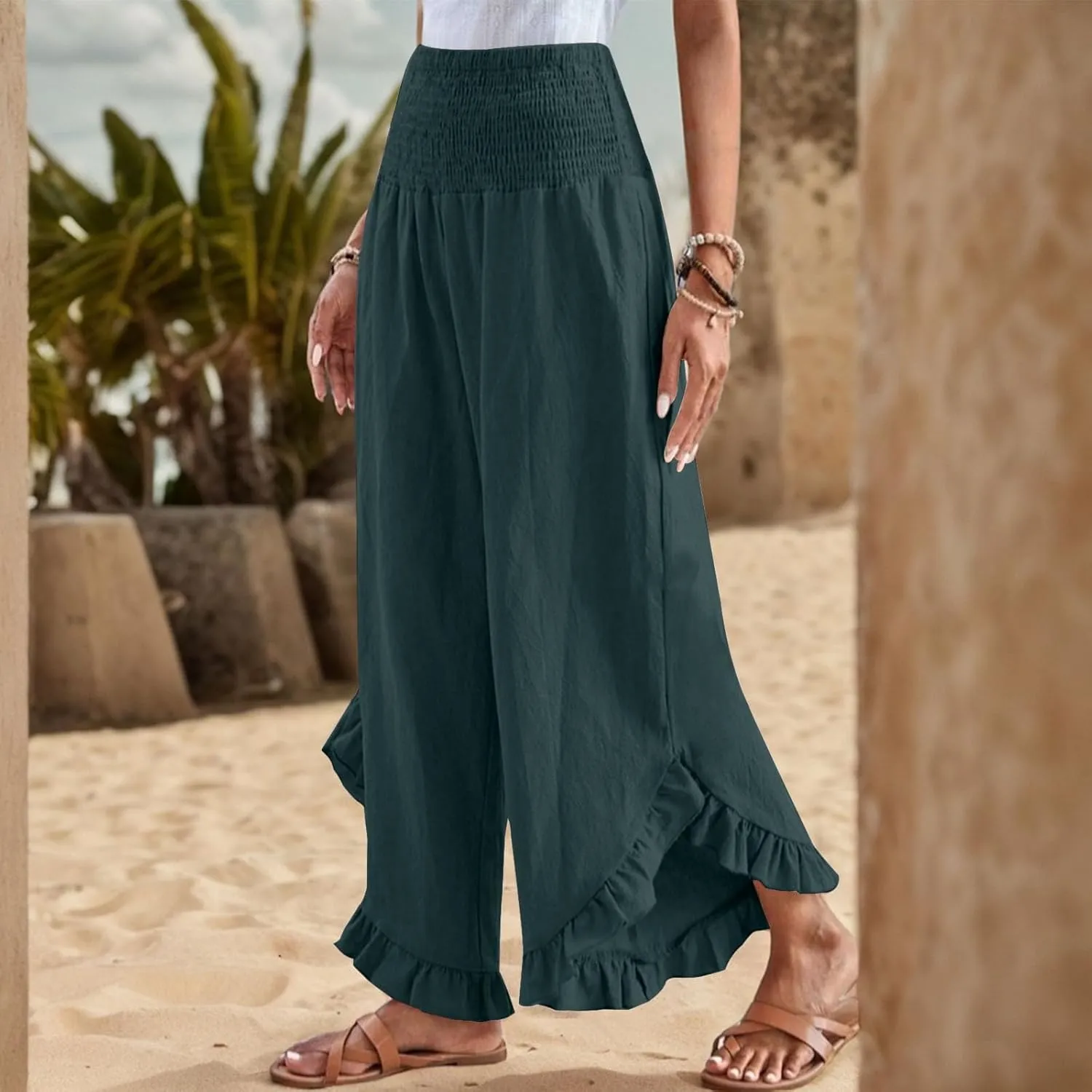 Linen Pants Women Wide Leg Smocked Waist Ruffle Hem Summer Palazzo Baggy Casual Boho Flowy Beach Trouser with Pockets