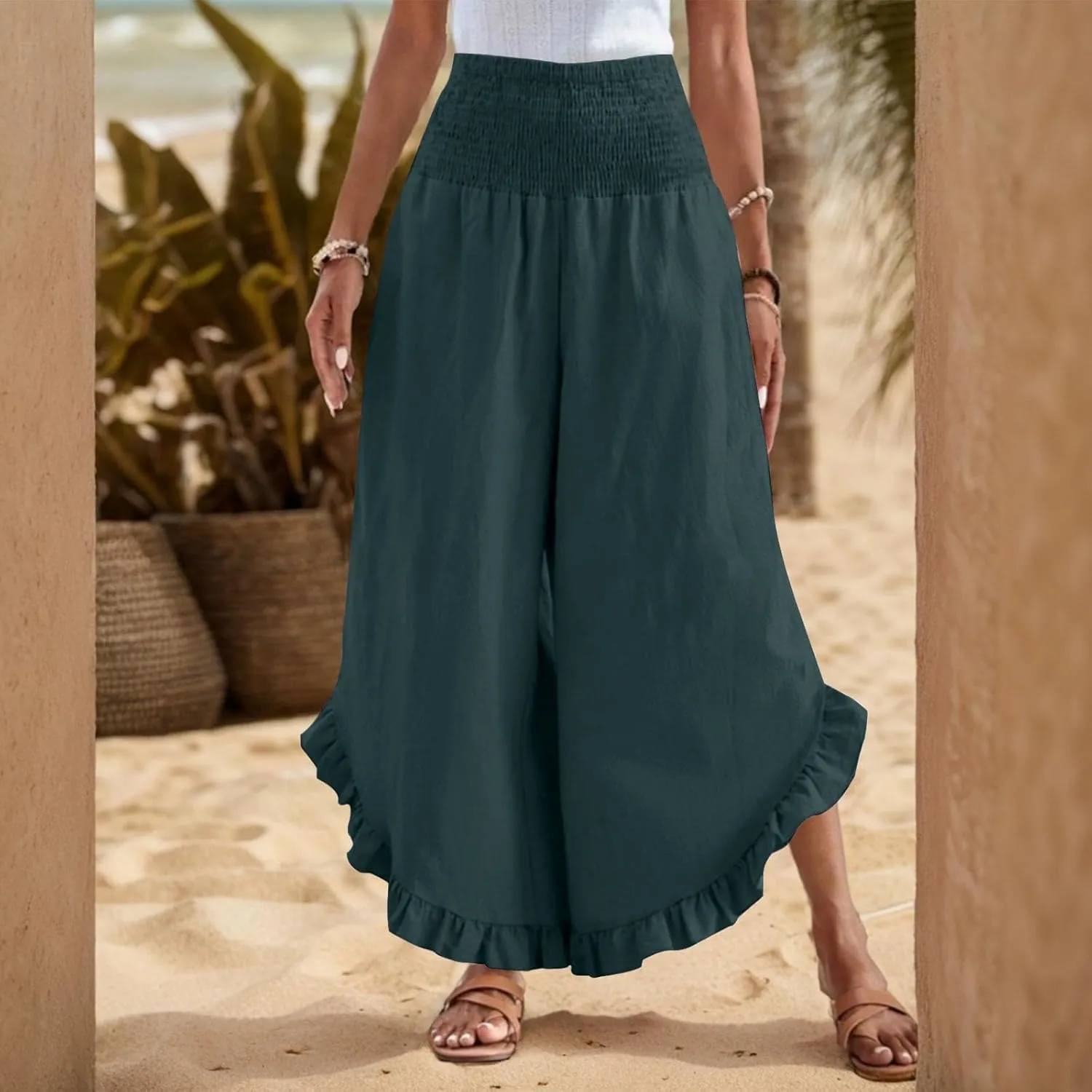 Linen Pants Women Wide Leg Smocked Waist Ruffle Hem Summer Palazzo Baggy Casual Boho Flowy Beach Trouser with Pockets