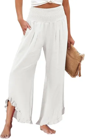 Linen Pants Women,Summer Pants for Women Trendy Elastic High Waisted Wide Leg Summer Womens Capris with Pockets