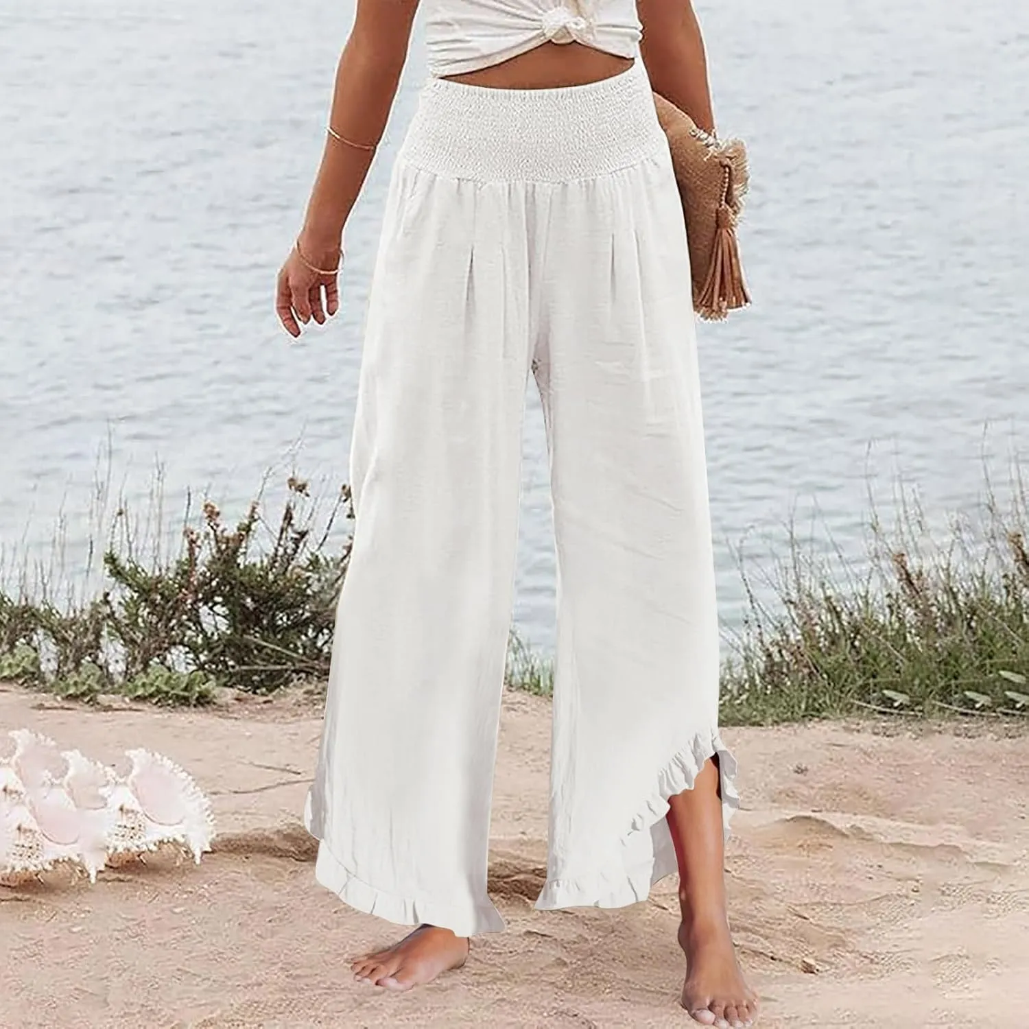 Linen Pants Women,Summer Pants for Women Trendy Elastic High Waisted Wide Leg Summer Womens Capris with Pockets