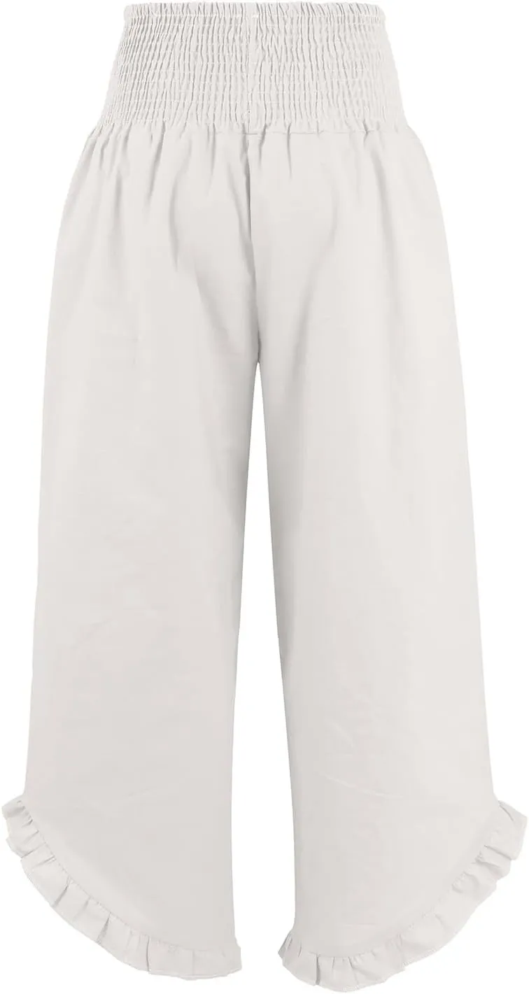 Linen Pants Women,Summer Pants for Women Trendy Elastic High Waisted Wide Leg Summer Womens Capris with Pockets