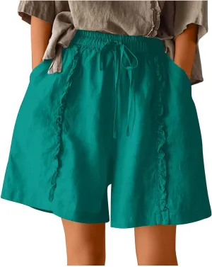 Linen Shorts for Women Casual Wide Leg Short Pants Summer Drawstring Beach Trouser High Waisted Lounge Pant