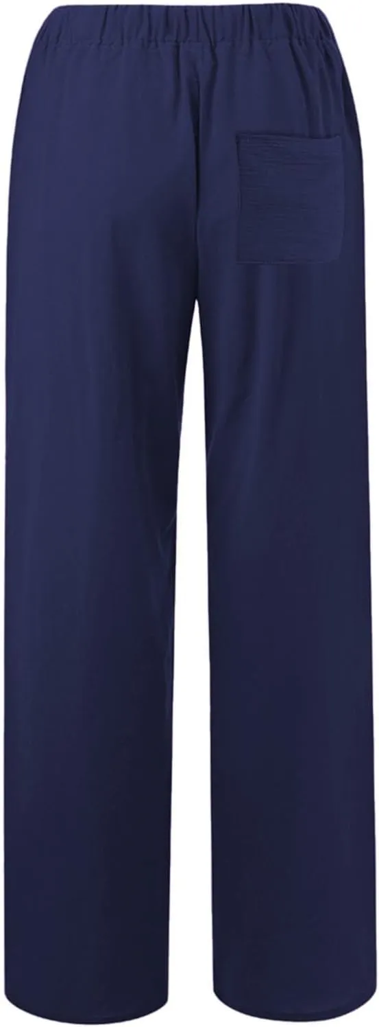 Linen Wide Leg Pants for Women Casual Elastic Waisted Palazzo Stretchy Summer Beach Travel Vacation Lounge Trousers