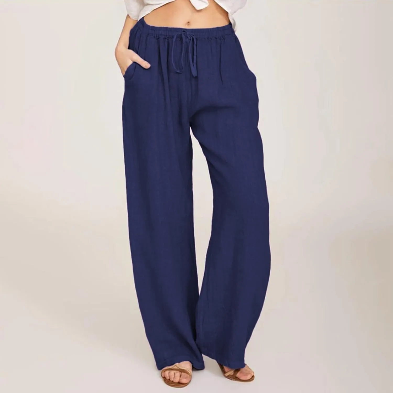 Linen Wide Leg Pants for Women Casual Elastic Waisted Palazzo Stretchy Summer Beach Travel Vacation Lounge Trousers