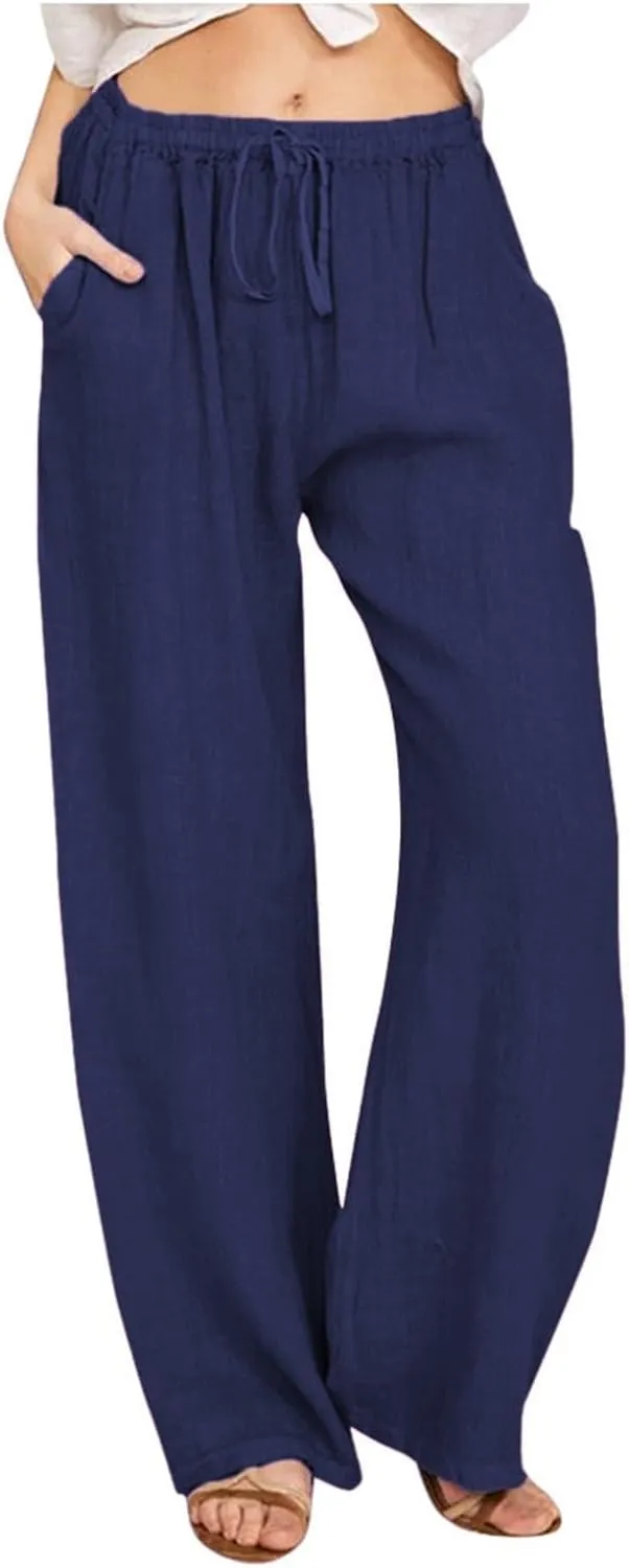 Linen Wide Leg Pants for Women Casual Elastic Waisted Palazzo Stretchy Summer Beach Travel Vacation Lounge Trousers