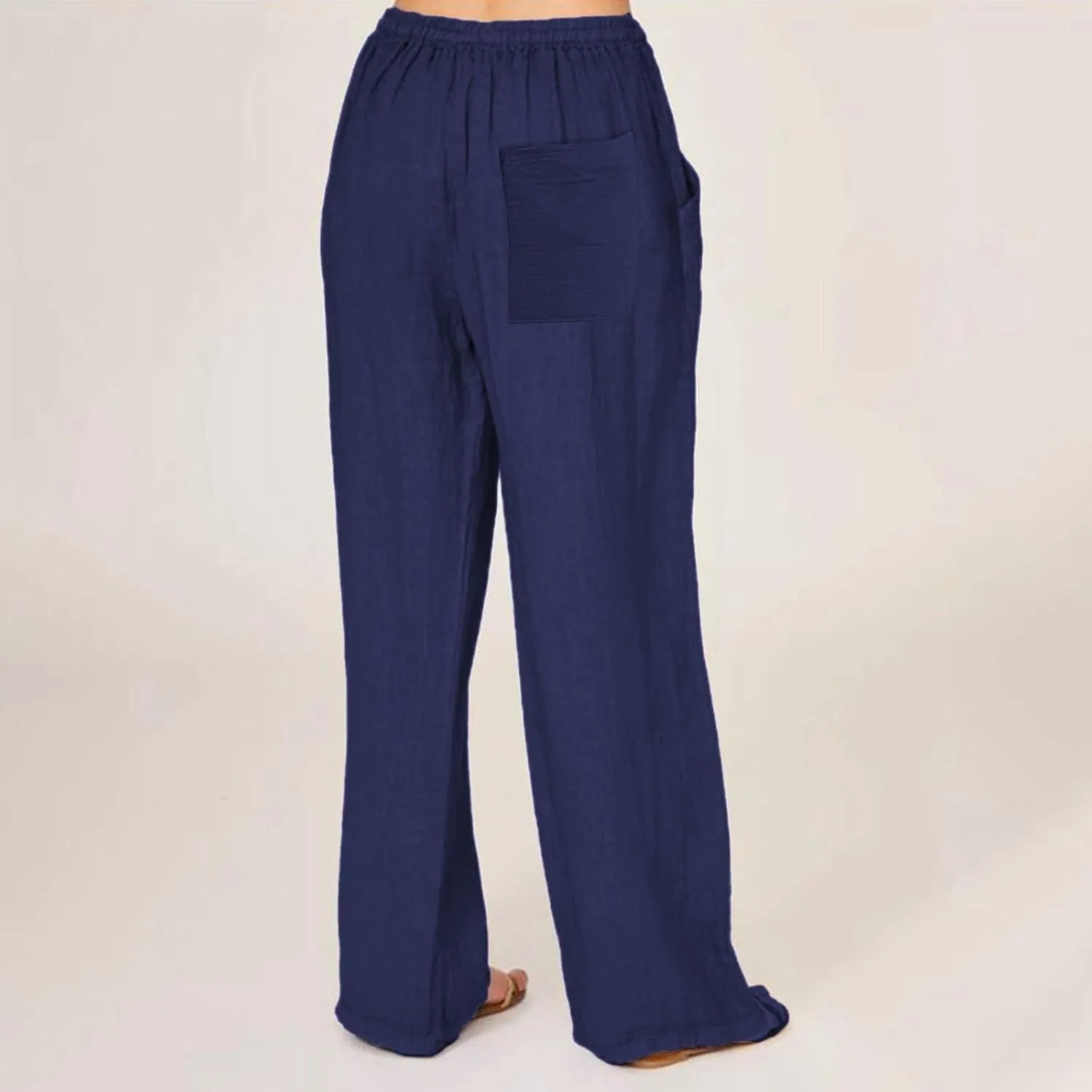 Linen Wide Leg Pants for Women Casual Elastic Waisted Palazzo Stretchy Summer Beach Travel Vacation Lounge Trousers