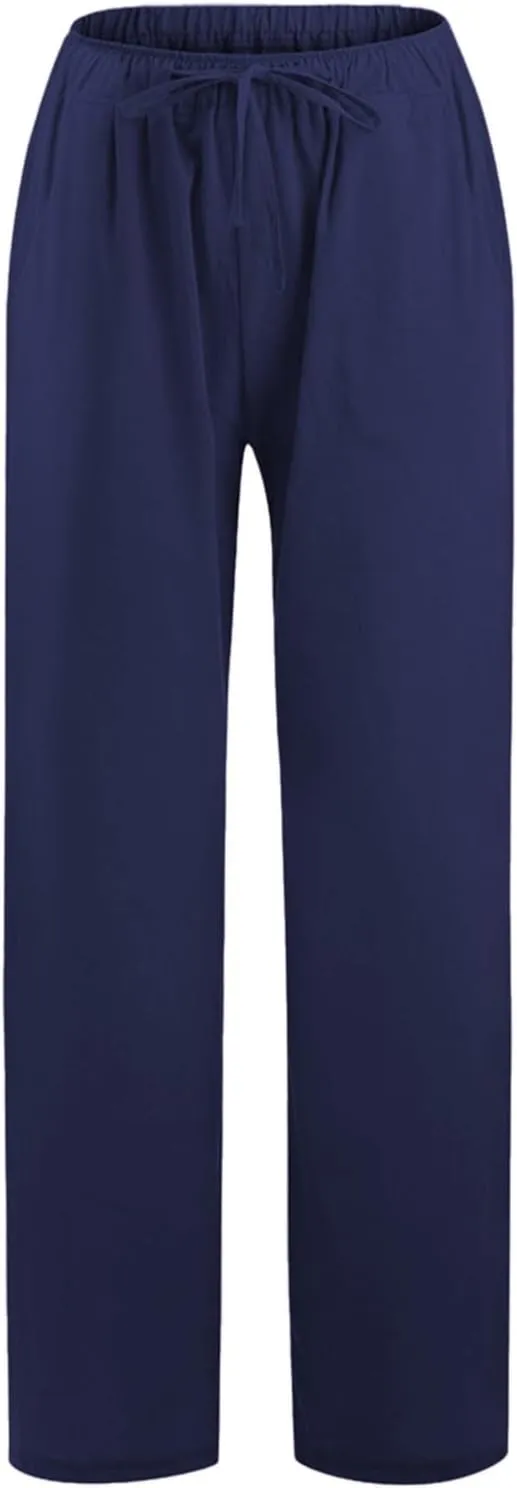 Linen Wide Leg Pants for Women Casual Elastic Waisted Palazzo Stretchy Summer Beach Travel Vacation Lounge Trousers