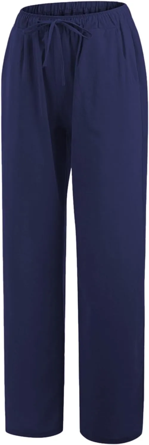 Linen Wide Leg Pants for Women Casual Elastic Waisted Palazzo Stretchy Summer Beach Travel Vacation Lounge Trousers