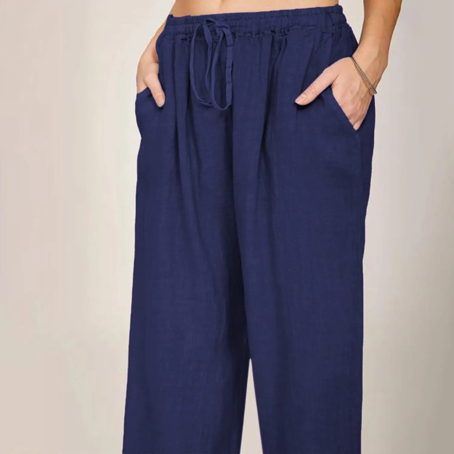 Linen Wide Leg Pants for Women Casual Elastic Waisted Palazzo Stretchy Summer Beach Travel Vacation Lounge Trousers