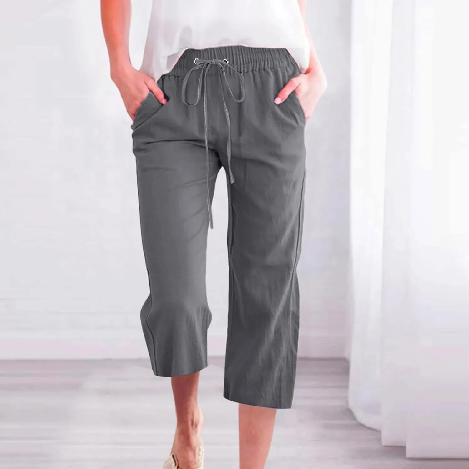 Lmdudan 2025 Capri Pants for Women Summer Drawstring Capris Linen Pants Beach Straight Wide Leg Cropped Trousers with Pockets