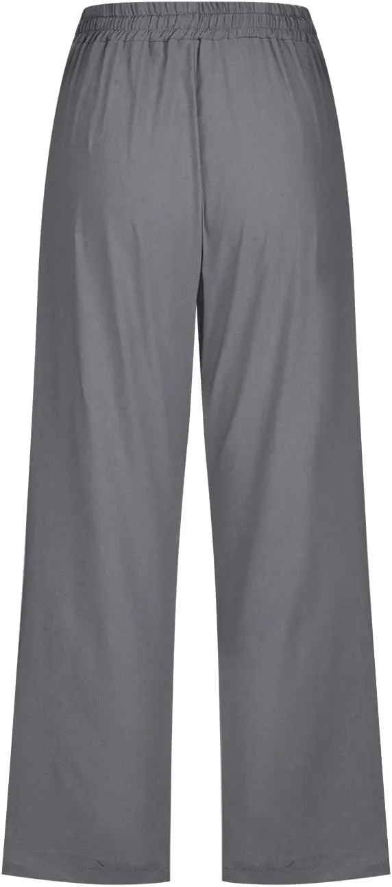 Lmdudan 2025 Capri Pants for Women Summer Drawstring Capris Linen Pants Beach Straight Wide Leg Cropped Trousers with Pockets
